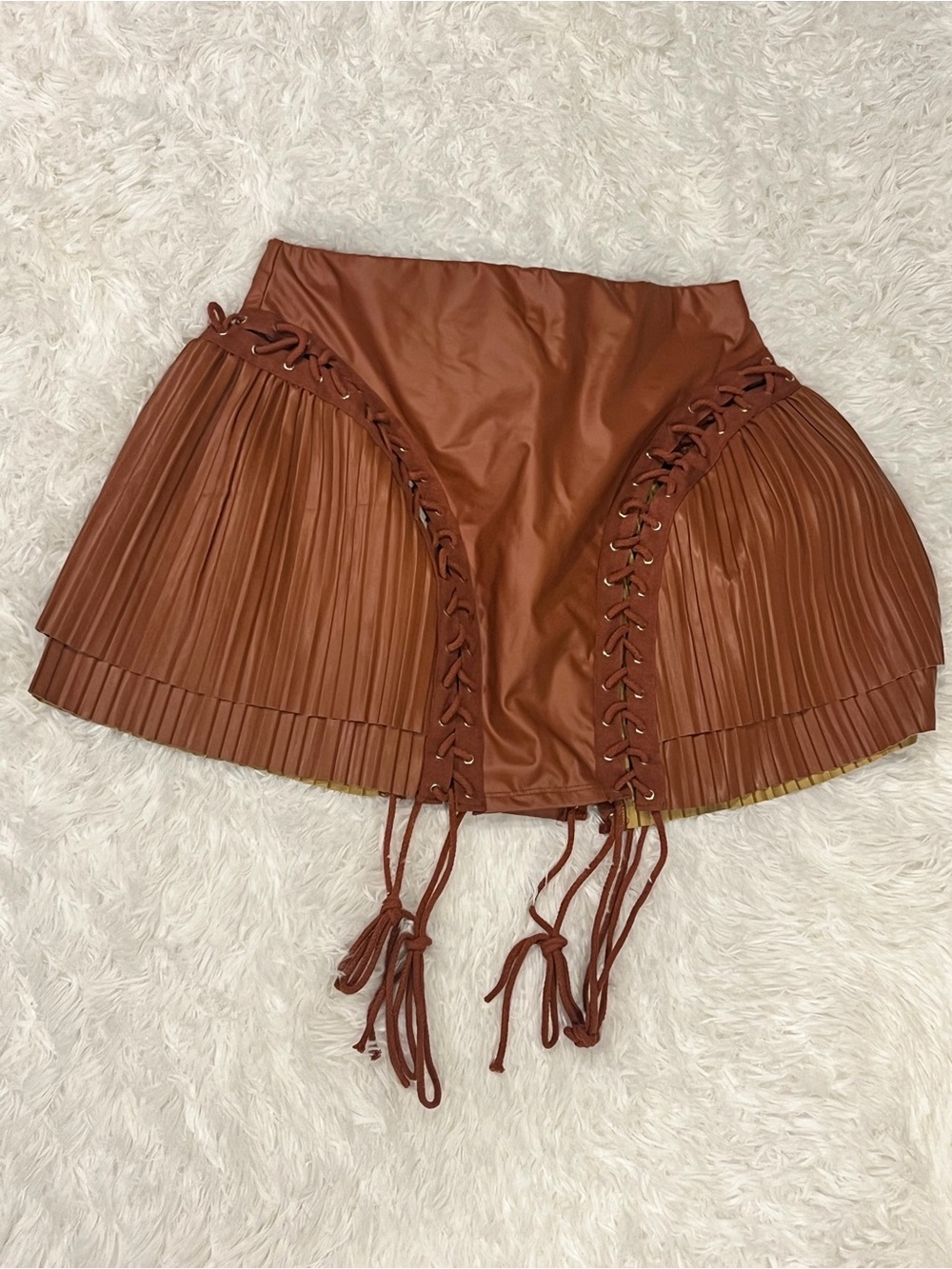 Brown Faux Leather Pleated Gladiator Skirt with Lace-Up Detail